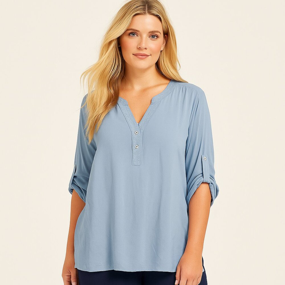Cream Clothing Co. Denmark Sky Blue V Neck Sequin Trim Accent Blouse Size 36/Med
